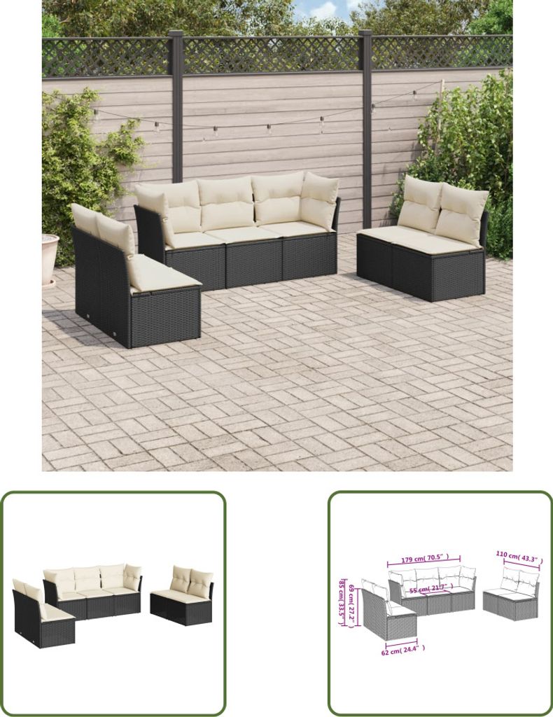 The Living Store 7-tlg. Garten-Sofagarnitur mit Kissen Schwarz Poly Rattan