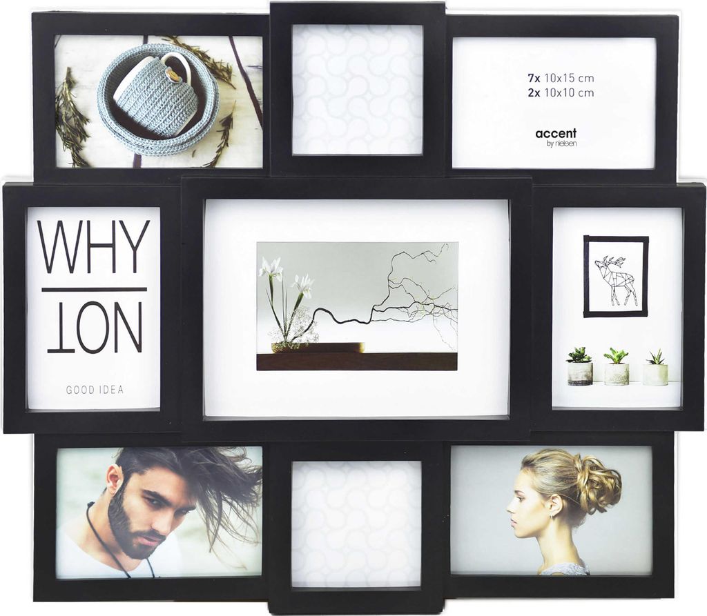 A black collage photo frame with multiple picture openings, displaying various images and text.
