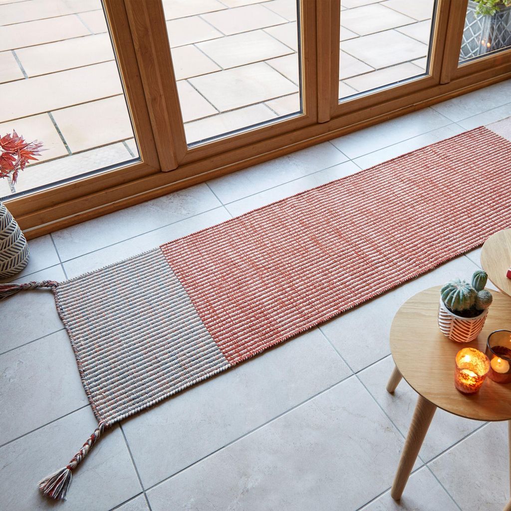 Teppich Kurzflor Streifen, Wohnzimmer schmutzabweisend Rot Läufer 60x200 | 100% Wolle, ohne Rückenbeschichtung | Florhöhe: 0 cm | Handgewebt