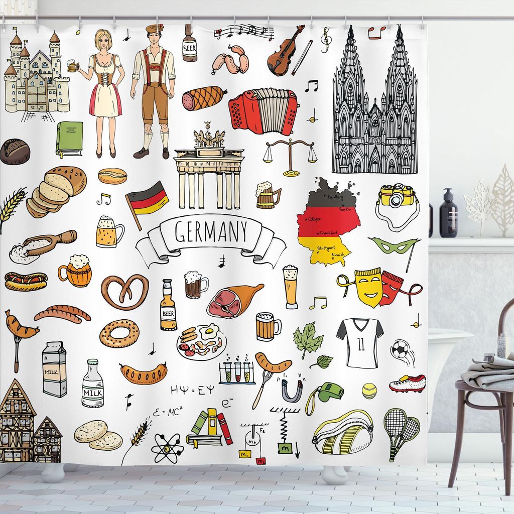 ABAKUHAUS Deutsche Duschvorhang, Hand gezeichnetes Gekritzel der deutschen Kultur-Ikonen-Fußball Jersey Food Science und Musik, 175 x 180 cm, Mehr...
