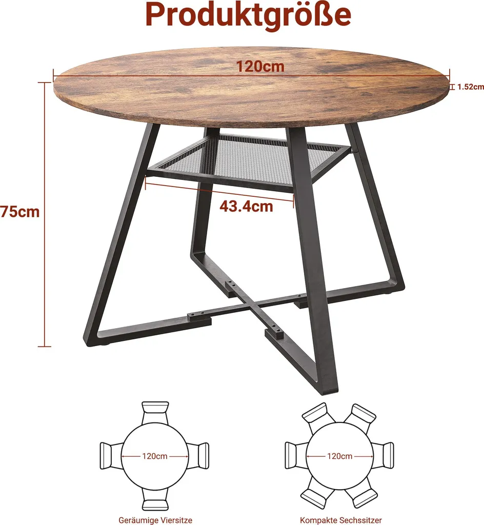 UnboxG Tavolo da pranzo rotondo Ø120 cm, tavolo da sala da pranzo con piano in MDF a 4 pezzi e robusta struttura in metallo, tavolo da cucina dal design industriale, con vano portaoggetti - vintage marrone/nero - 4