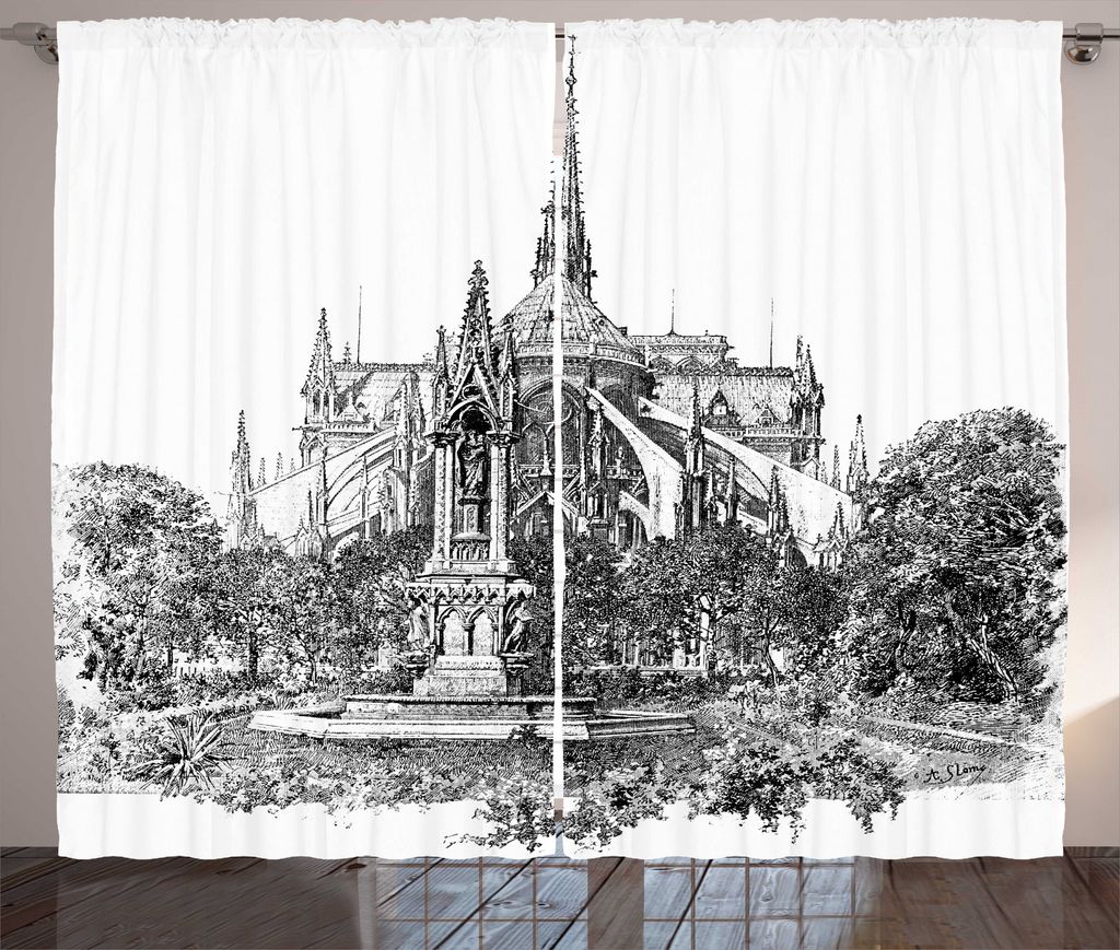 ABAKUHAUS Notre Dame Rustikaler Vorhang, Historische Französisch Landmark, Wohnzimmer Universalband Gardinen mit Schlaufen und Haken, 280 x 175 cm...