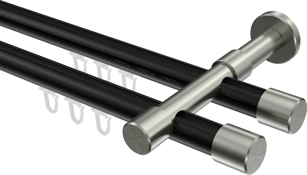 Interdeco Innenlaufstange / Gardinenstange mit Innenlauf Schwarz / Edelstahl-Optik, Typ Prestige Santo (Kappe), 20 mm Ø 2-läufig, 540 cm