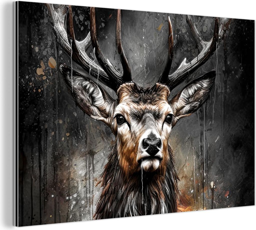 MuchoWow Wanddekoration Metall Metallbild Wandkunst 90x60 cm Hirsch - Schwarz - Tier - Hirschkopf MuchoWow Aluminium Gemälde - Wandbilder