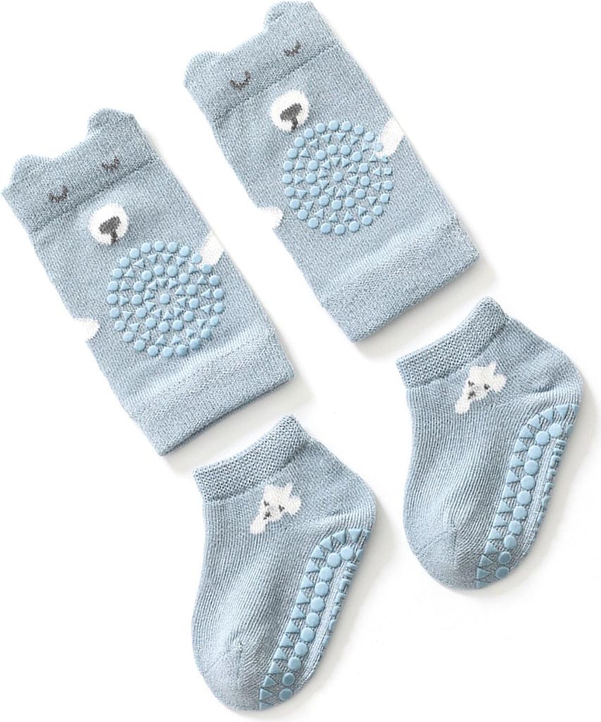 Baby-Knieschoner, Socken-Set, weiche Baumwolle, verhindert Rutschstellen, Krabbelfußschutz, Blau, L, 2–4 Jahre alt