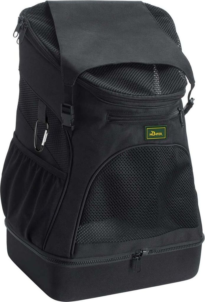 A black pet carrier backpack is shown against a white background.