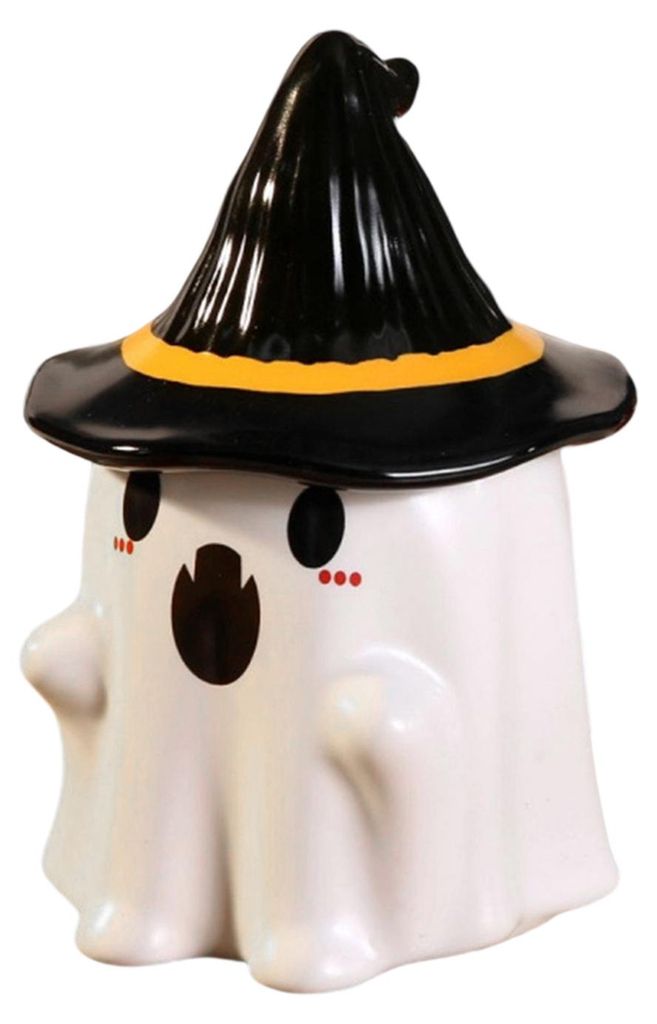 Keramikbecher mit Geistermuster und Elfenhutdeckel – handgefertigtes Halloween-Motiv, ideal für den täglichen Gebrauch.