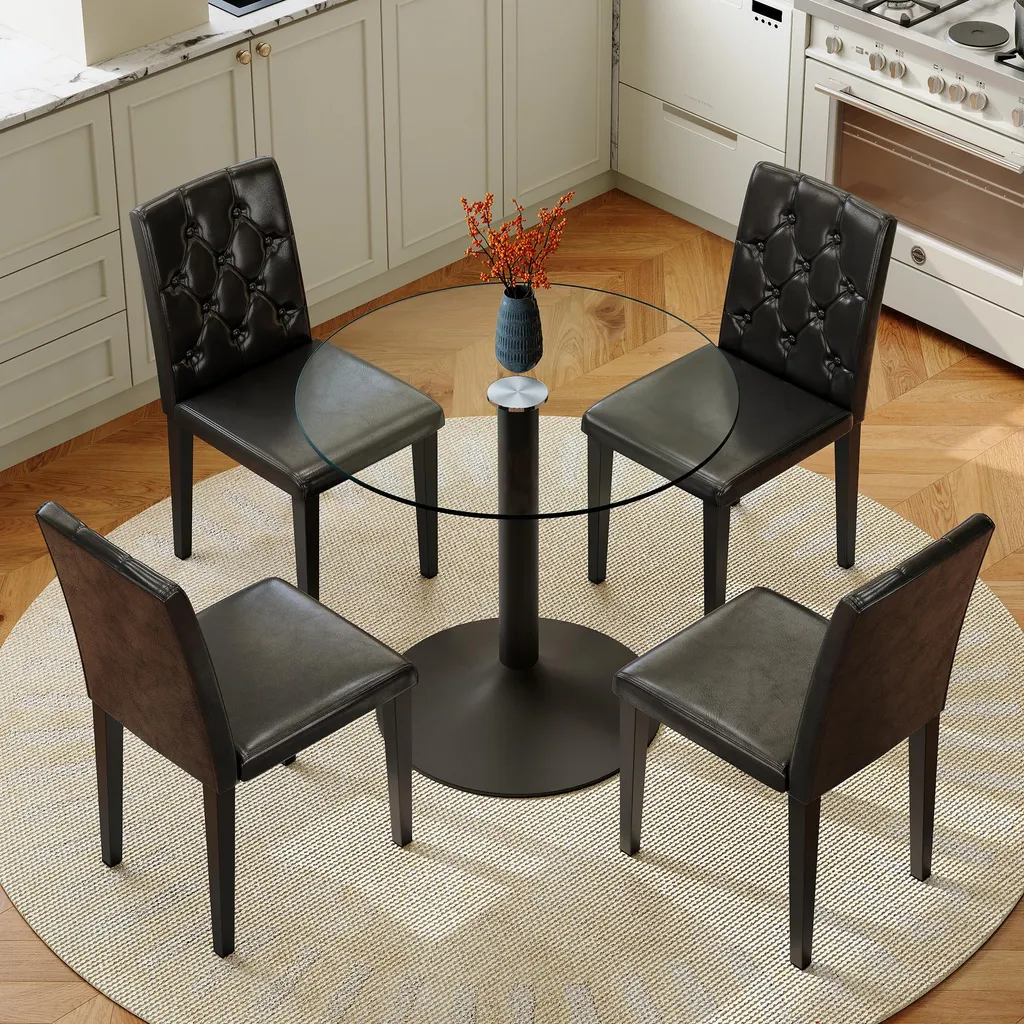 Ensemble table à manger ronde en verre 85 cm et 4 chaises en PU capitonné