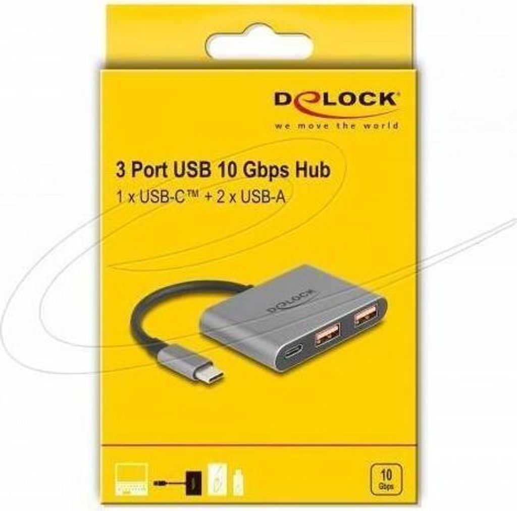 DELOCK 3 Port USB Hub 10 Gbps mit USB Type-C zu 1 x USB Produktbild 