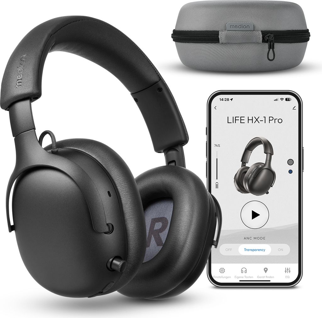 MEDION Over Ear Kopfhörer HX-1 Pro (kabellos, Hybrid Active Noise Cancelling ANC, Bluetooth 6.0, Wireless, 7+1 EQ Presets, bis zu 190 Stunden Akk...