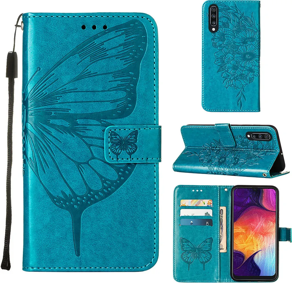 Custodia Antiurto Samsung A50 Blu Farfalla - Flip Cover con Slot Carte