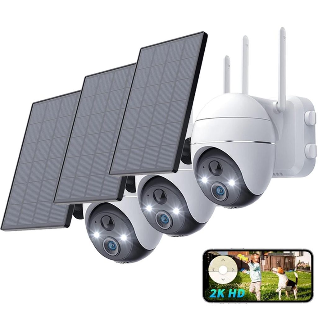 3 Stück Überwachungskamera Aussen Akku 2K PTZ WLAN Kamera Überwachung Außen mit Solarpanel PIR Bewegungsmelder Farbnachtsicht Sirene/Weißlicht...