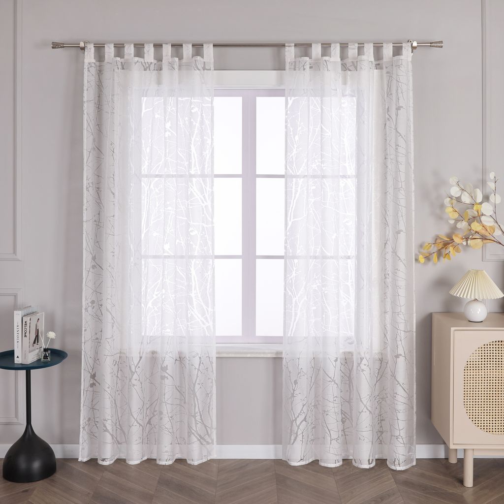 Joyswahl Vorhang Ausbrenner Voile Gardinen mit Schlaufen Transparent Fensterschal Pflaumenblütenmuster Schlafzimmer Wohnzimmer Weiß HxB 225x140cm...