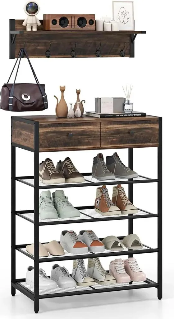 Ensemble de vestiaire d'entrée marron avec patère et banc à chaussures