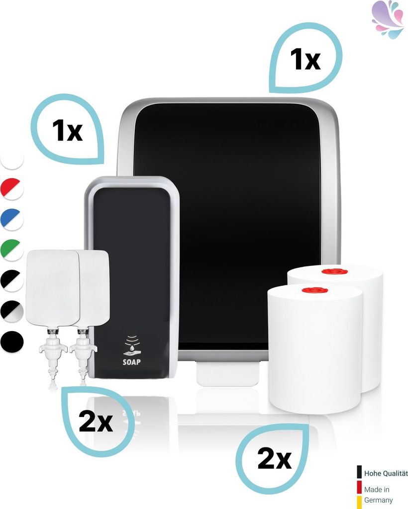 KOMPLETT-SET Waschraum: Handtuchrollenspender AUTOCUT + 2 TAD Handtuchrollen + Schaumseifenspender SENSOR + 2 Kartuschen : Farbe - Silber / Schwarz...