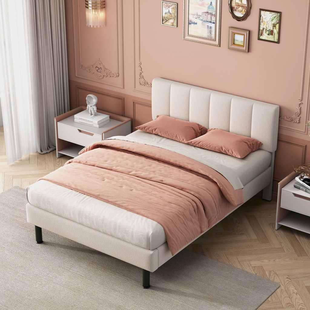 MODFU Polsterbett 140 x 190 cm mit Lattenrost, Doppelbett Jugendbett mit Kopfteil, Klassische Bett Kinderbett, Sherpa-Stoff Beige(Ohne Matratze)