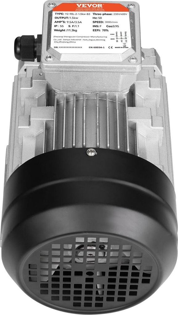 1,5-kW-Elektromotor, 3000 U/min, AC 230/400 V, 9,5 A/3,5 A, 3-phasig, 24 mm, Keilwelle