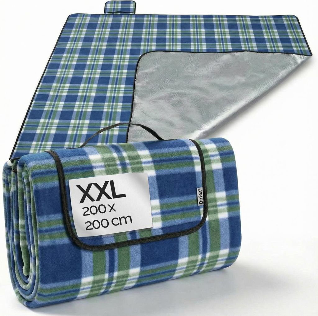 A folded and an unfolded picnic blanket with a plaid pattern.