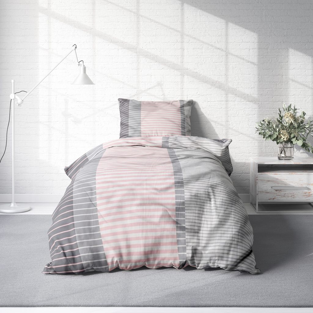 4 teilig Bettwäsche 135x200 cm rosa grau gestreift