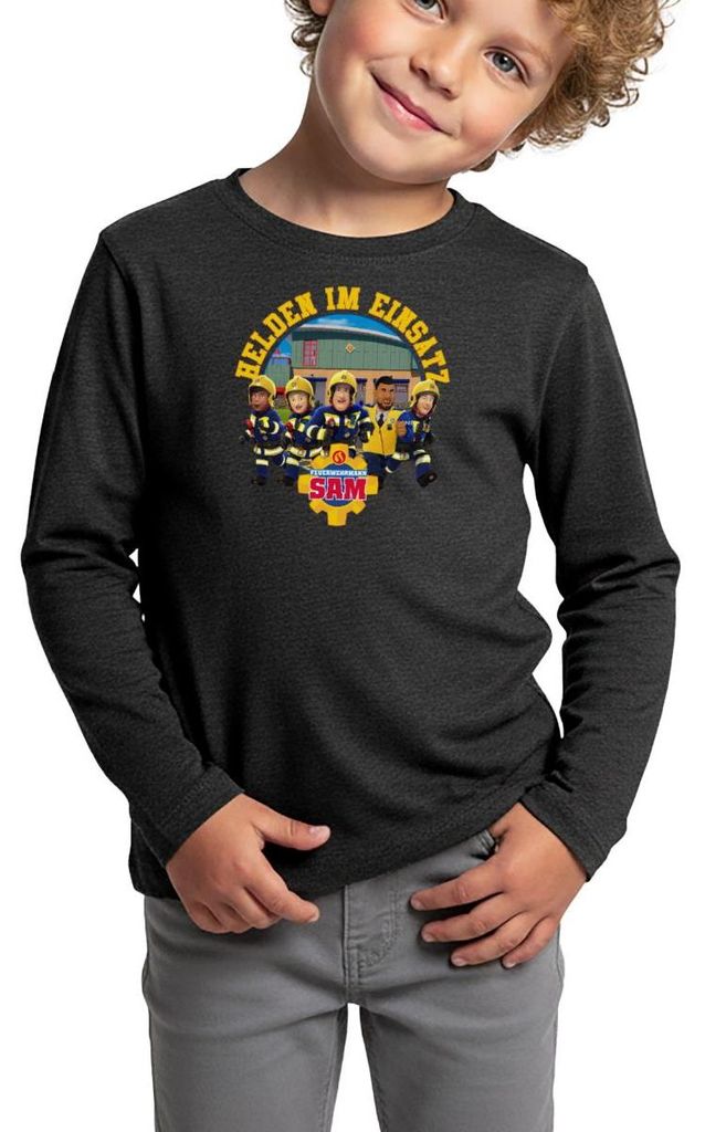 Spreadshirt Feuerwehrmann Sam Helden Im Einsatz Kinder Premium Langarmshirt, 98/104 (2 Jahre), Anthrazit meliert