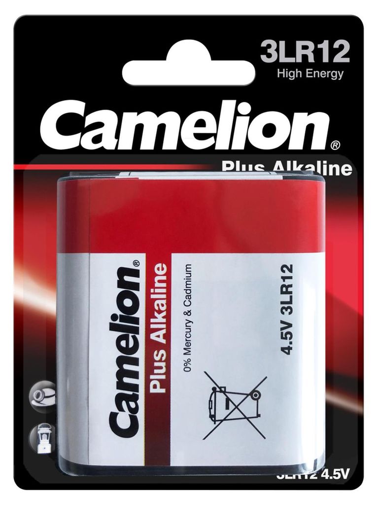 A retail package containing a Camelion Plus Alkaline 4.5V 3LR12 battery.