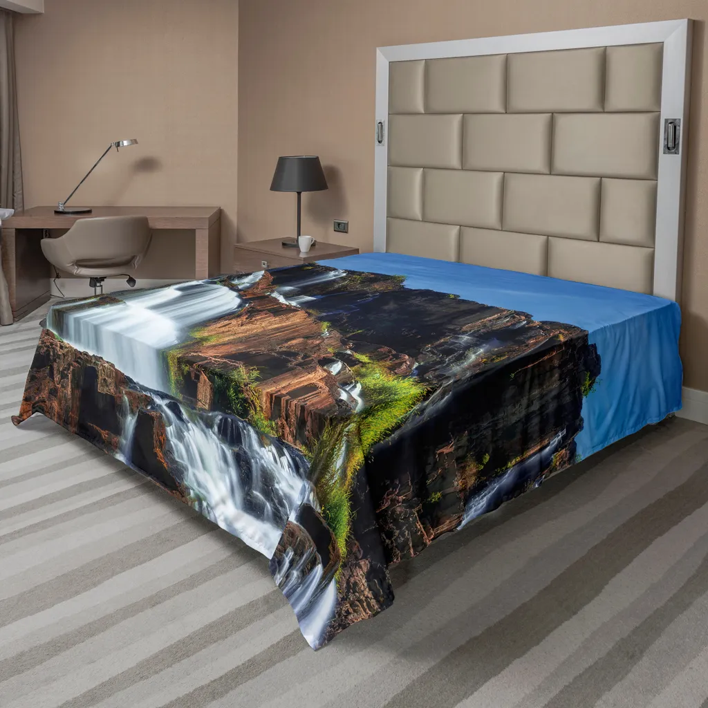 Drap de lit doux et confortable Motif Cascade de Pongour Blanc et Bleu