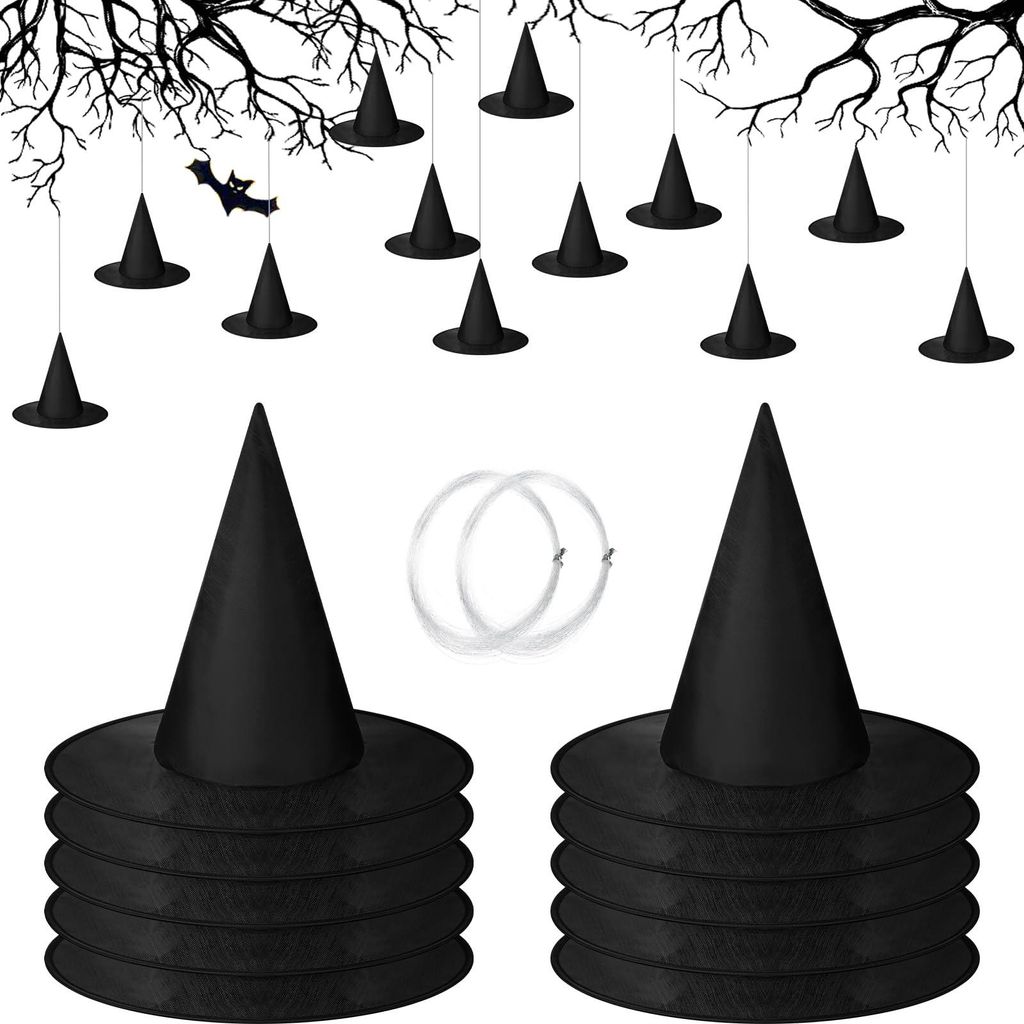 12 Halloween Hexenhüte zum Aufhängen mit Schnur & Haken