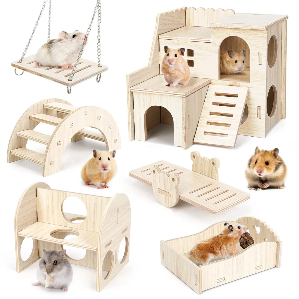6 Jouets en Bois pour Hamster et Cochon d'Inde - Pont et Tunnel à Ronger