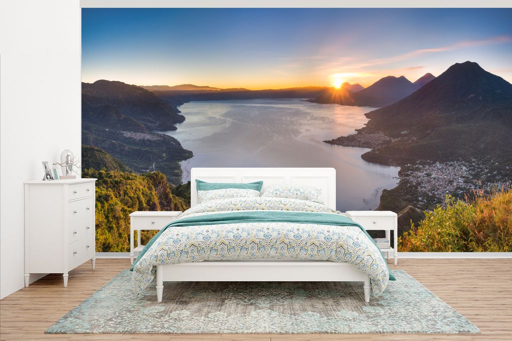 MuchoWow Fototapete für Wohnzimmer oder Schlafzimmer Wandtapete Vinyl Motivtapete See - Berge - Sonnenaufgang - 430x240 cm - Gemustert