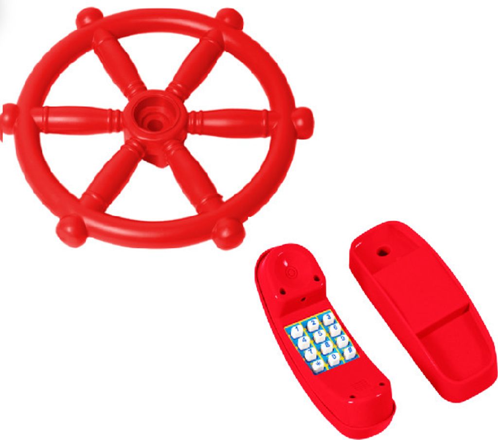Wippchen-Shop Spielturmzubehör 2 in1 SET Telefon+Schiffrad Spielhaus Spielturm Rot