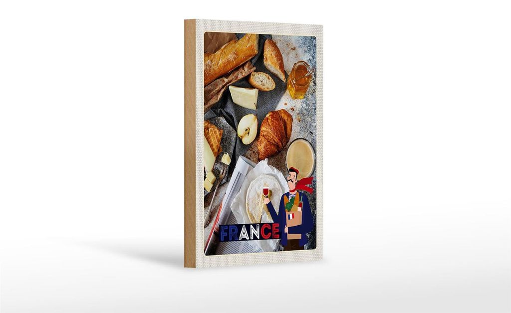 Holzschild Reise 12x18cm Frankreich Käse Baguette Honig Schild