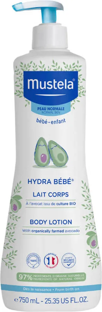 Lait corps Mustela Hydra Bébé 750 ml flacon pompe hydratation intense