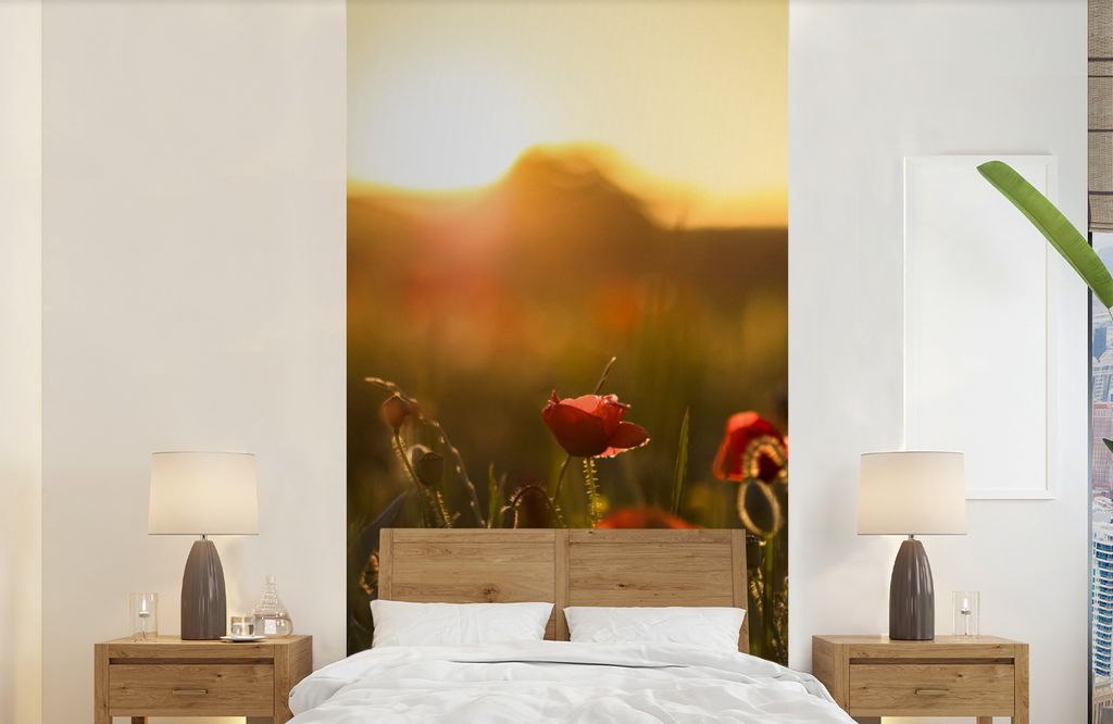 MuchoWow Fototapete für Wohnzimmer oder Schlafzimmer Wandtapete Vinyl Motivtapete Mohn - Sonnenuntergang - Gold - 120x240 cm - Hintergrundbild