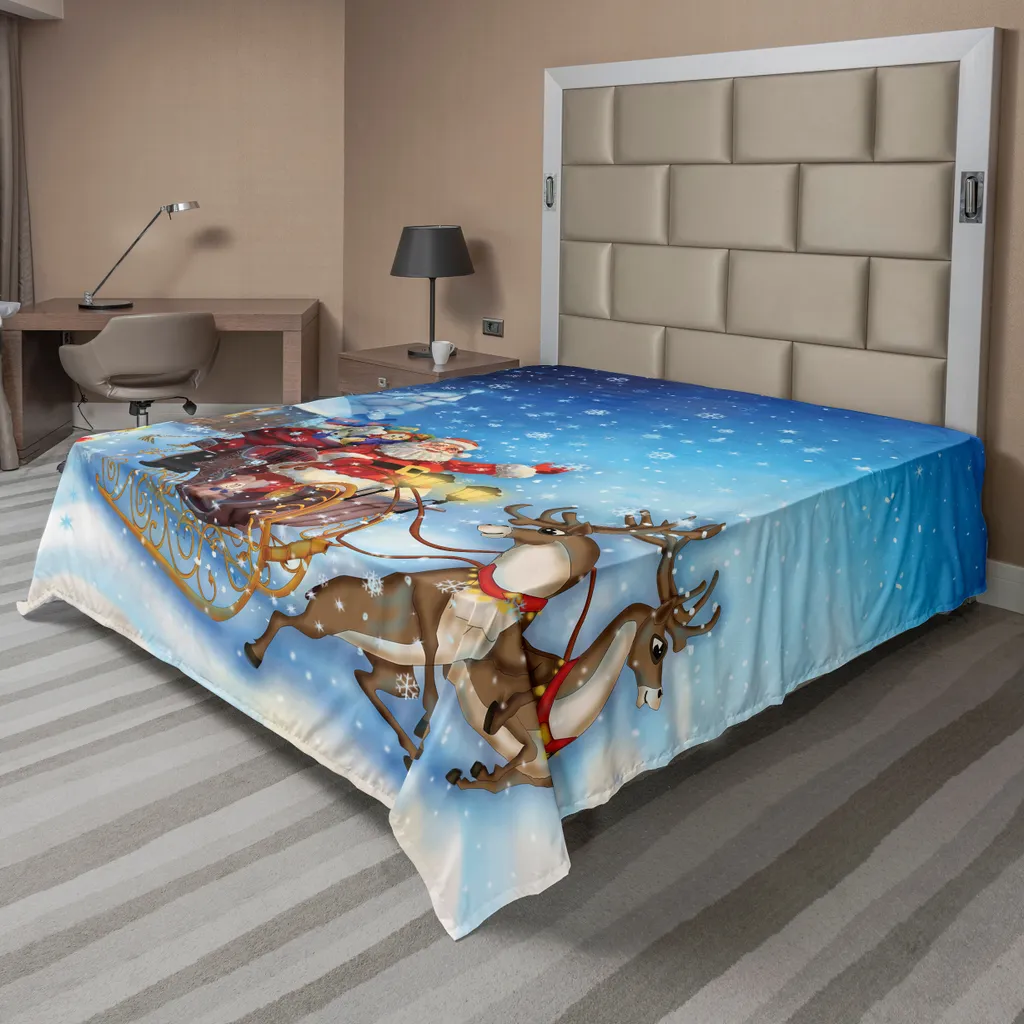 Drap plat Noël ABAKUHAUS Saint Nicolas et Traîneau de Rennes Bleu 244x205