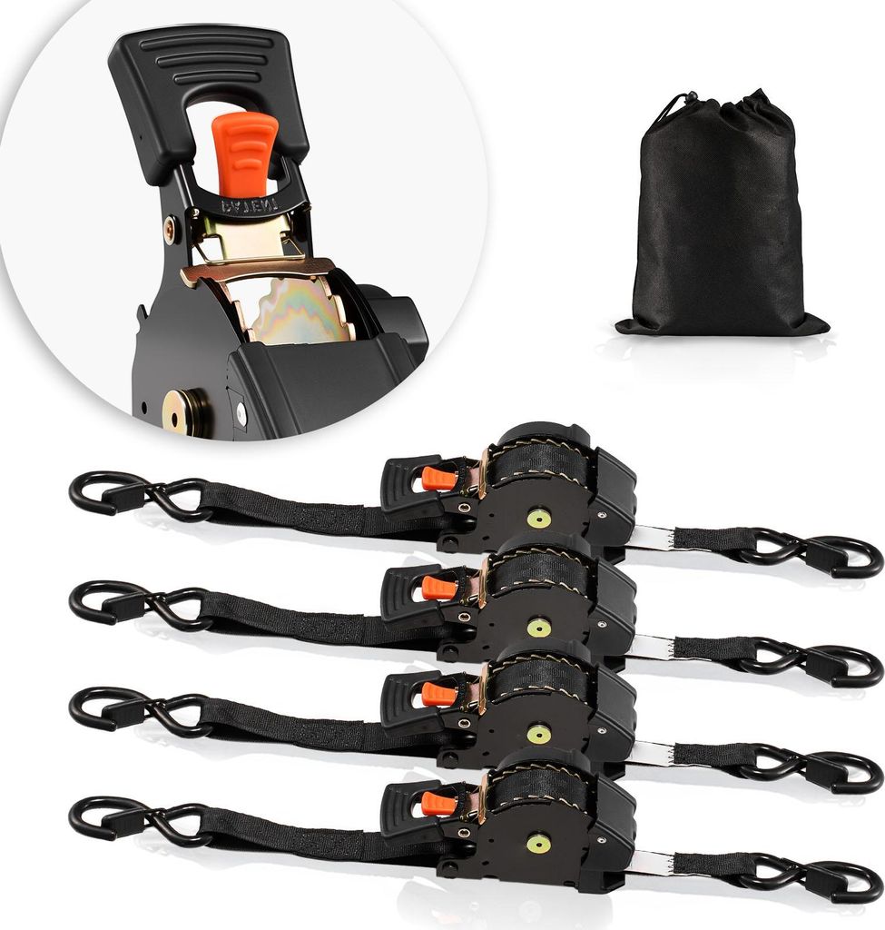 SucceBuy Automatische Spanngurte, 25,4 x 4876,8 mm, Zurrgurte mit S-Haken, 700 kg Belastbarkeit, Tragetasche, einziehbare Ratschengurte für Transp...