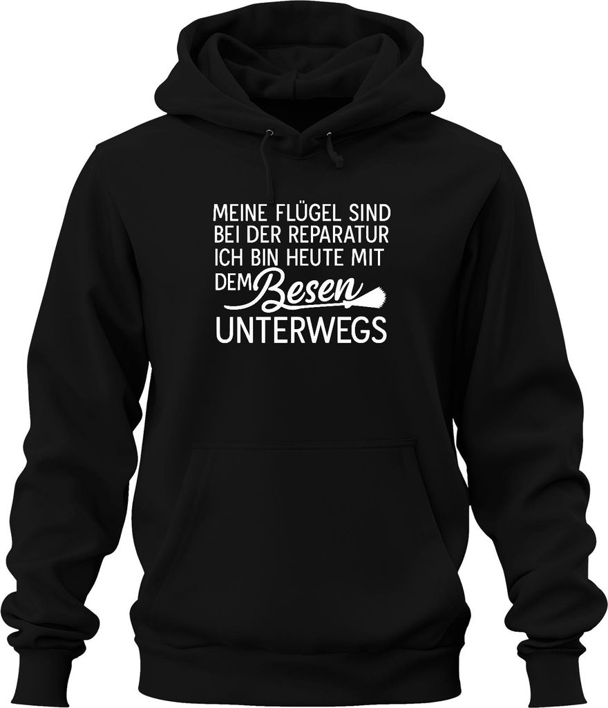 Flügel in Reparatur heute mit Besen unterwegs Hexe Lustig Spaß Uni Hoodie Kapuzenpullover, Schwarz, M