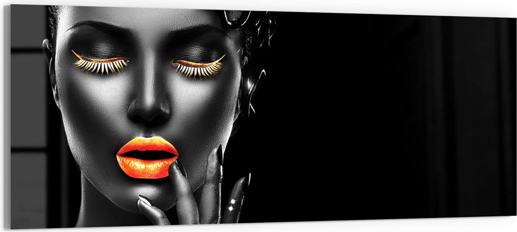 DEQORI Glasbild Echtglas 150x60 cm 'Frau mit Gold Make-Up' Wandbild Bild modern Deko