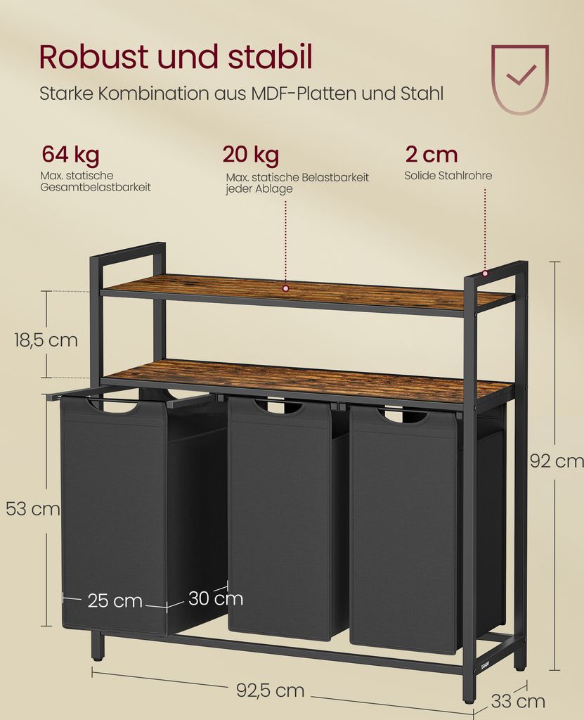 VASAGLE Wäschekorb 3 Fächer, 2 Ablagen,ausziehbar und Produktbild 4