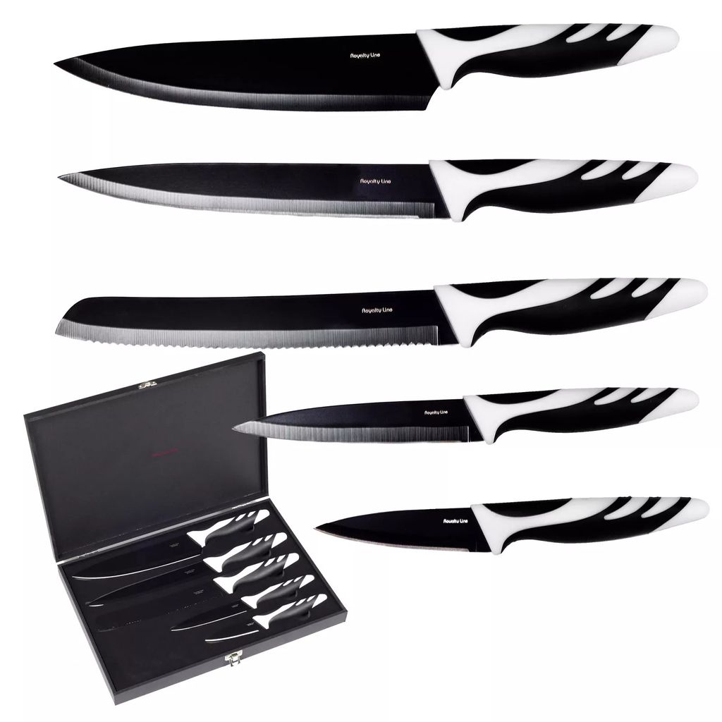 Elegantes Messerset in einer Holzkiste, Messerset 5 tlg Schwarz
