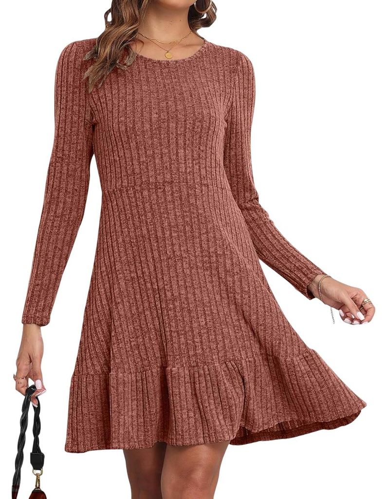 Damen Midikleid Strick Elegant Elastisch Lässig Braun L