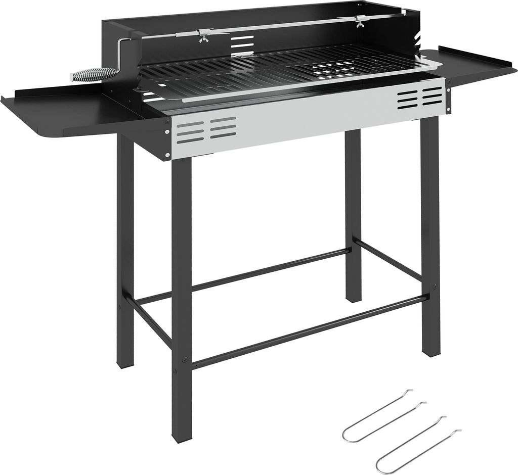 Outsunny Holzkohlegrill Campinggrill mit Grillrost und Rotisserie-Kit klappbar faltbar Camping Garten BBQ Rostfreier Stahl+Metall Schwarz 118 x 32 x 9