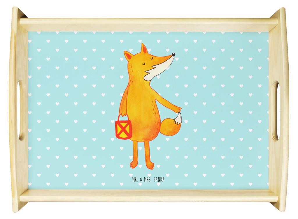 Mr. & Mrs. Panda Serviertablett Fuchs Laterne - Türkis Pastell - Geschenk, Selbstbewusst, Servier Tablett, Deko, Füchse, Dekotablett, aus holz, S...