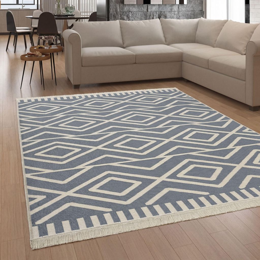 Teppich Wohnzimmer Flur Waschbar Skandinavisch Fransen Wendbar Grau Creme Grösse 120x160 cm