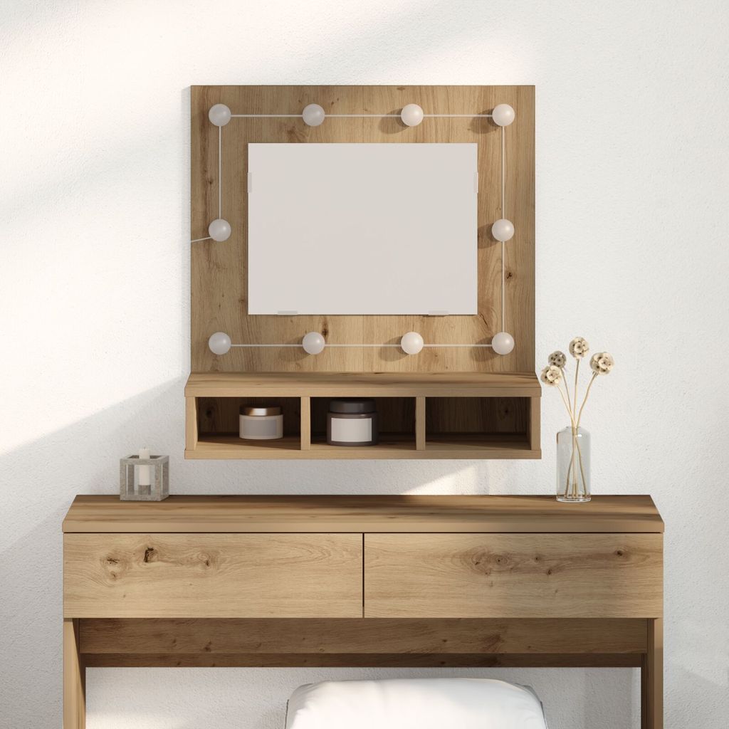 Waschtisch mit Spiegel Eiche MDF, Glas 60 x 31.5 x 62 cm, Badezimmerschränke DesignMöbel Neu