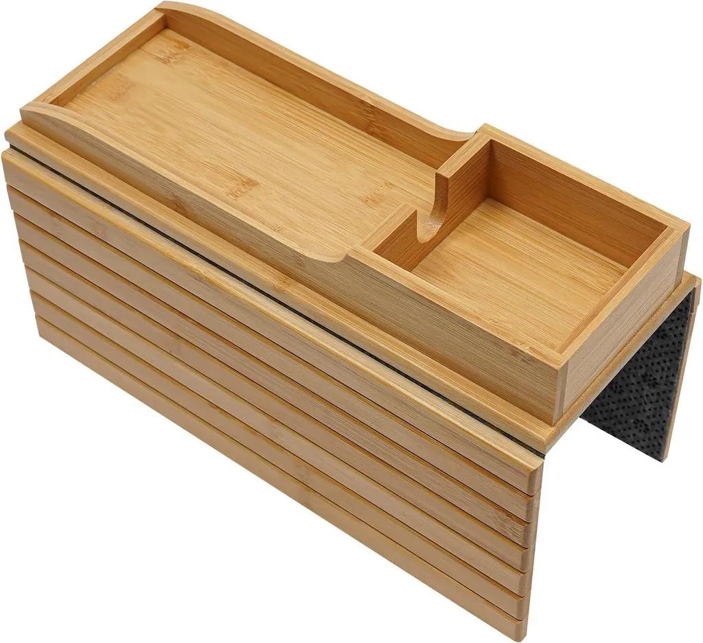 Tablette Accoudoir Canapé en Bambou Pliable avec Porte-Gobelet Intégré