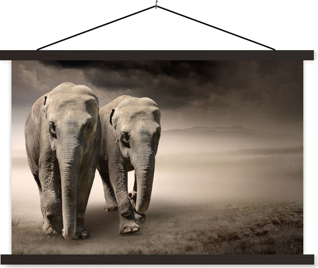 MuchoWow Textilposter Elefant - Berg - Nebel 90x60 cm mit schwarzem Rahmen - Aufhängungssatz