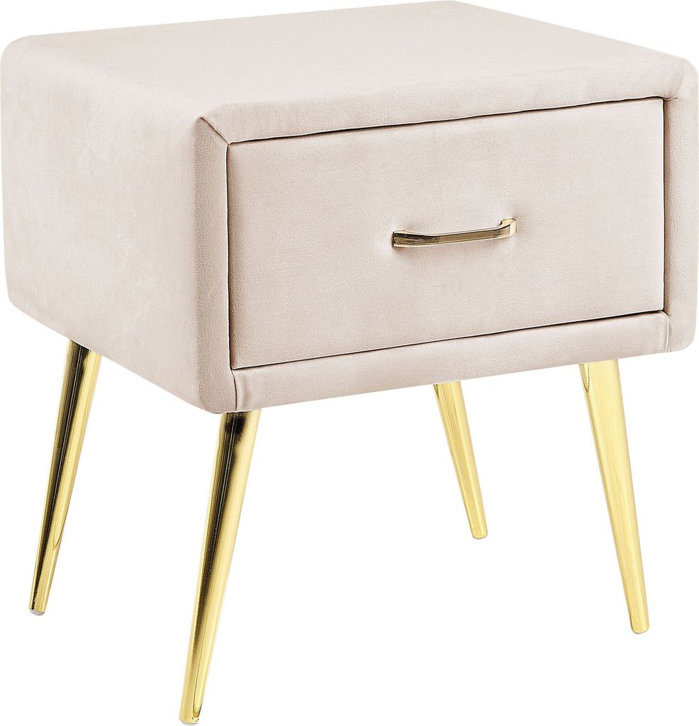 A beige velvet nightstand with gold metal legs and one drawer.