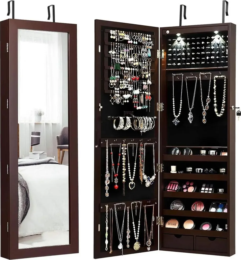 Miroir Armoire à Bijoux 2 en 1 Lumineux - Armoire Murale en Bois Coloris Brun