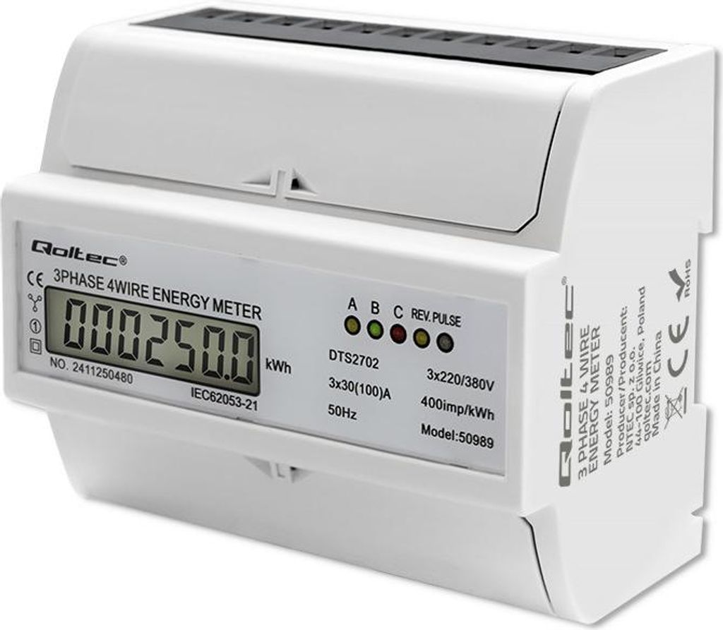 Qoltec Three phase electronic meter DIN rail 400V 100 Produktbild 