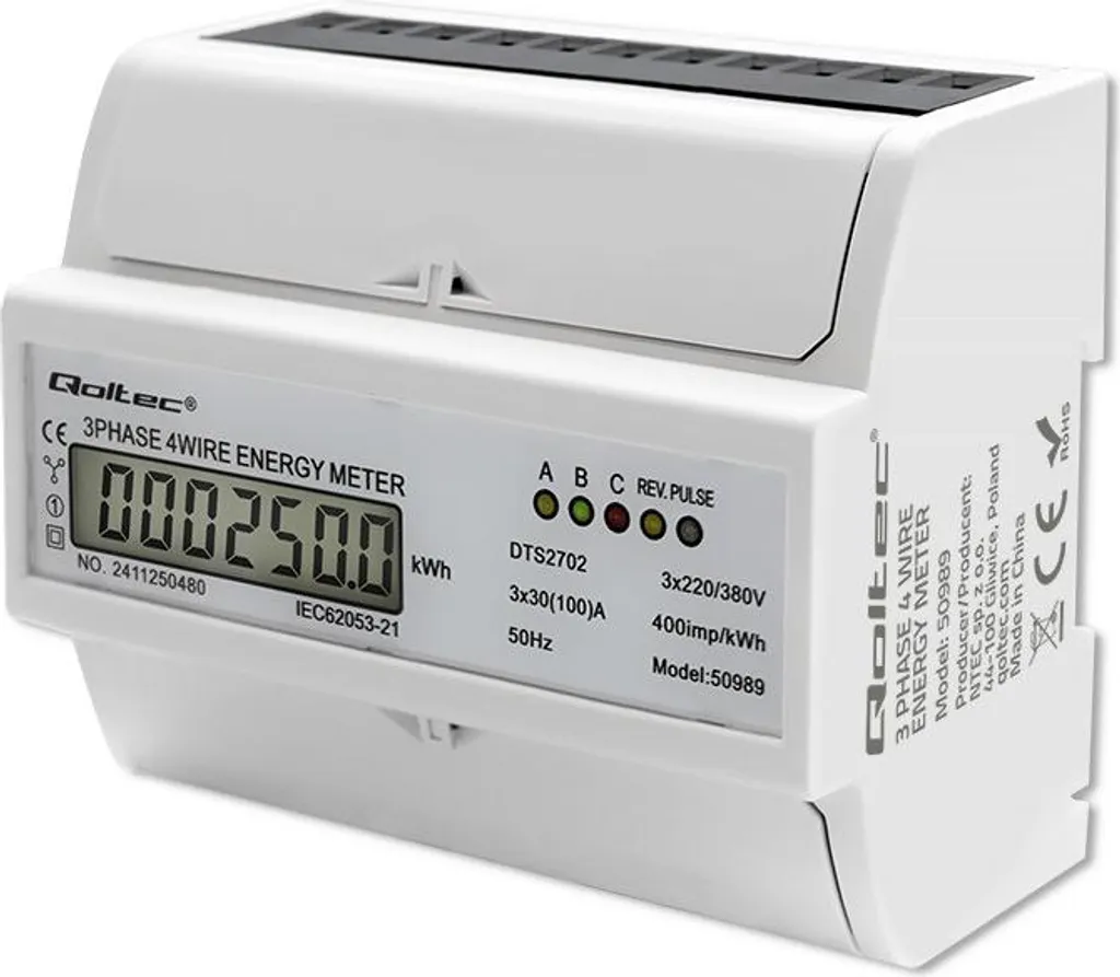 Compteur d'énergie électronique 400V 100A triphasé montage rail DIN
